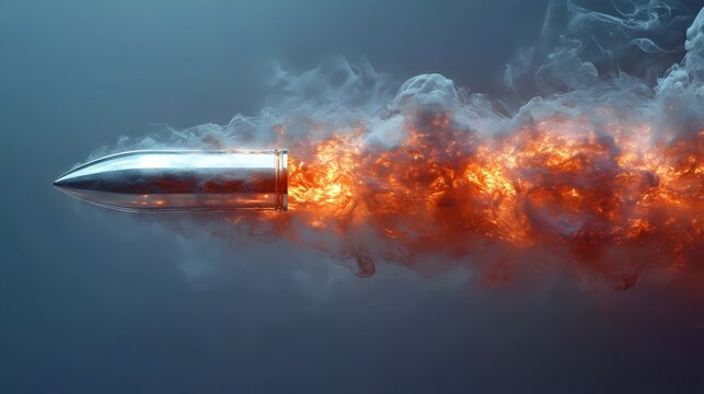 A bullet is shot out of a gun and is leaving a trail of smoke and fire behind it