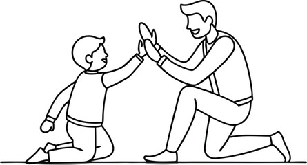 Man high-fiving with his little boy in continuous line art drawing style