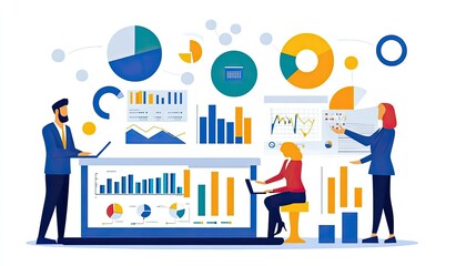 A team of people working on a large screen displaying data graphs and charts.