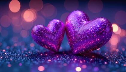 Fototapeta premium Two glittering purple hearts on a sparkly surface , art, decor