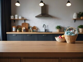 modern kitchen with wooden table in foreground as background