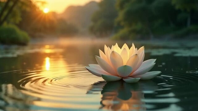 A calm lake at sunrise with a single glowing lotus flower floating in the water, creating soft ripples.
