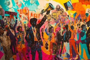 Fototapeta premium Vibrant collage; figures protest, holding aloft a horn.