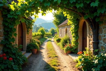 Obraz premium Sun-dappled cellar lane nestled amongst Zellerndorf vines , vineyard rows, sunlight, grapes