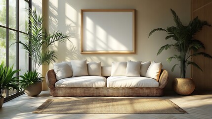 Sunlit living room with wicker sofa, plants, and blank frame.