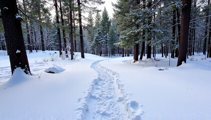 Fototapeta premium Peaceful winter forest path blanketed in fresh snow and marked by footprints