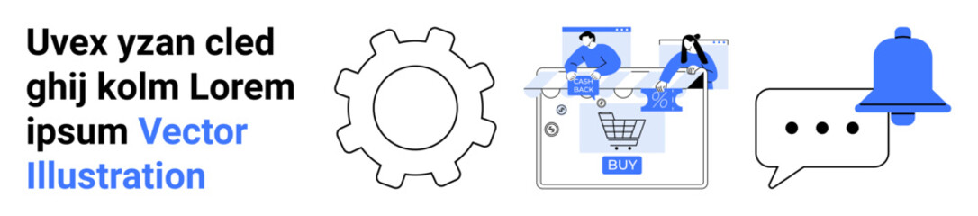 Blue gear icon, team collaborating on e-commerce platform, shopping cart, bell notification, and speech bubble. Ideal for e-commerce, collaboration tools, notifications, technology settings
