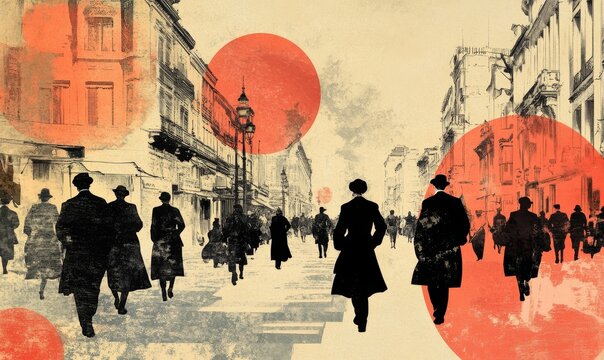 Silhouetted figures stroll city street, textured background.