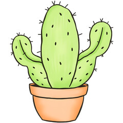 A simple hand-drawn cactus plant in a terracotta pot. png isolated background. transparent background.