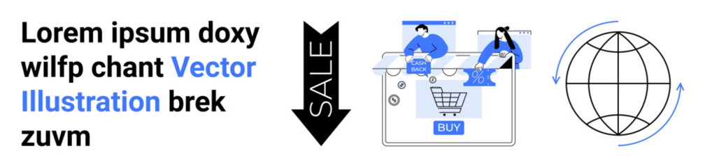 People interacting with a shopping cart on a website, large SALE arrow, and a globe symbolizing global e-commerce. Ideal for marketing, digital sales, online shopping, global reach, retail, web