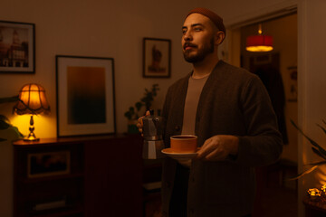 Man standing in a retro looking room holding a cup of coffee wearing an orange beanie.