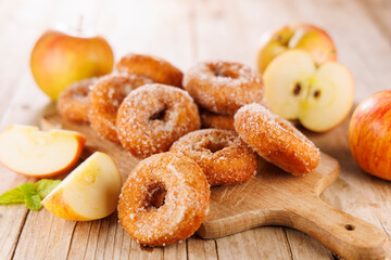 homemade apple donut on wood background