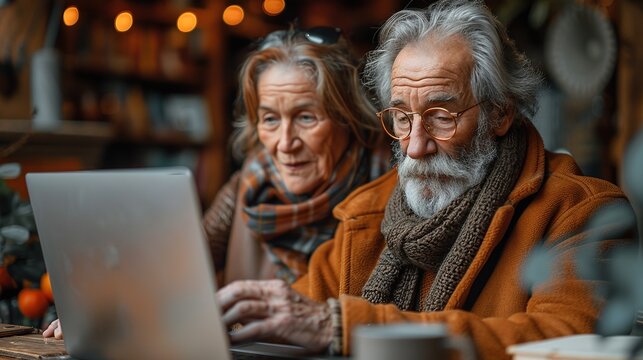 Elderly couple, aged man explaining the basics of email to his wife, sitting at a wooden desk, warm and inviting home office, digital literacy for seniors