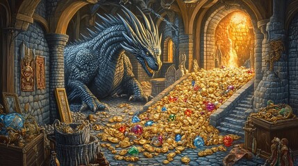 Dragon guarding immense treasure hoard of gold, jewels, and gems in a dark castle dungeon.