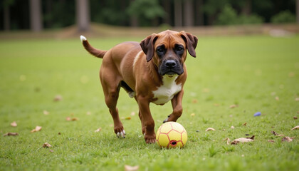 Boxer dog walking towards a yellow ball on a green field, focused and playful