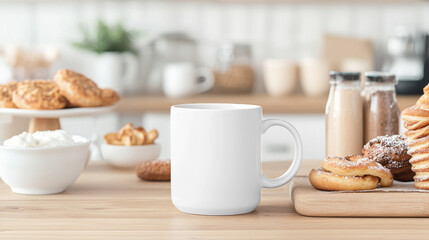 A white mug sits on a wooden table surrounded by pastries and creamy treats.  Perfect for your coffee or tea!