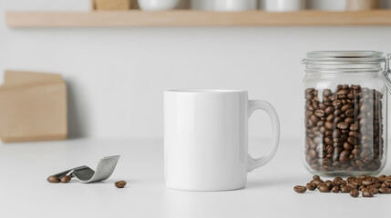 A white mug sits on a kitchen counter next to a jar of coffee beans.  A minimalist, clean aesthetic.