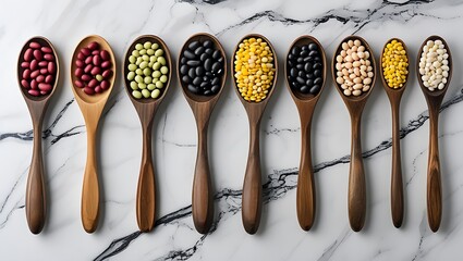 Beans and lentils in wooden spoon on teak wood 4k background © Samad