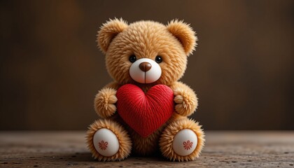 Obraz premium A cute teddy bear holding a red heart, symbolizing love and affection, perfect for gifts and sentimental occasions.