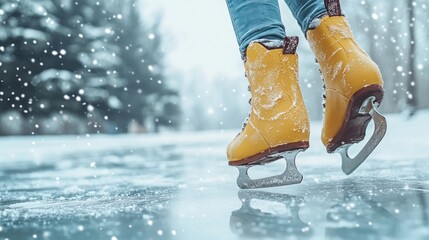 A close-up of yellow ice skates gliding on a frozen surface amidst falling snowflakes.