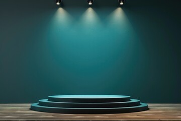 Blue green three steps podium stage on wooden floor with dark green background with three spotlights on it