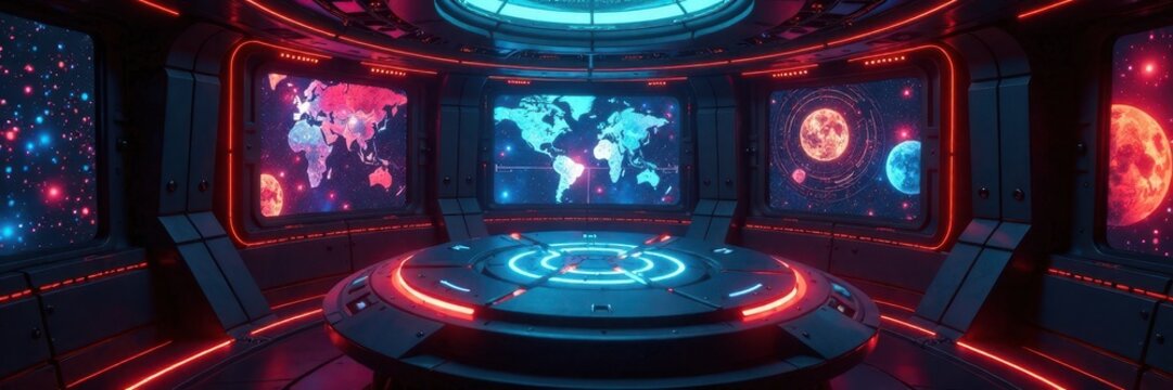 A glowing holographic display projected on the bridge's central console, space, hologram, space ship