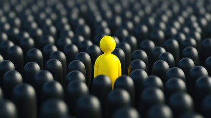Obraz premium Unique yellow figure among black crowd conceptual art urban environment close-up view identity and individuality