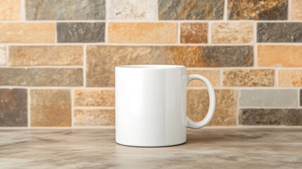 A plain white coffee mug sits on a countertop against a rustic tile backsplash. Perfect for your design mockups!