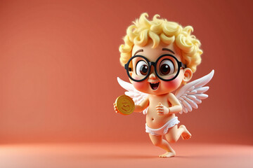 Cheerful Cupid holds a shiny gold coin, wearing glasses and fluttering tiny wings, on a warm coral backdrop. 3d render illustration. Valentine's day