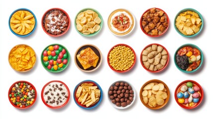 Colorful Snacks Display on White Background