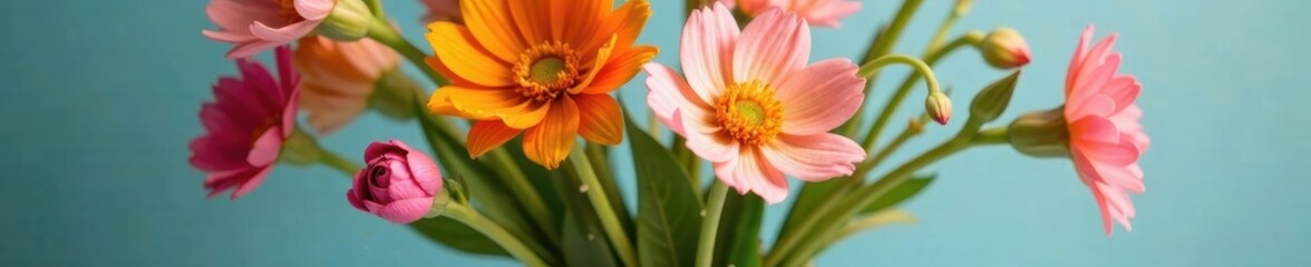 Fototapeta premium Close-up of colorful flowers in a simple glass container , glass container, flowers
