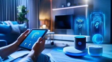 A modern smart home  with voice-activated devices, smart lighting