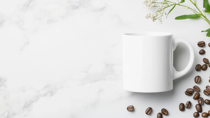 A blank white mug sits on a marble surface next to scattered coffee beans and a sprig of flowers. Perfect for your branding and design!