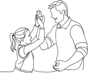 Man high-fiving with his little daughter in continuous line art drawing style