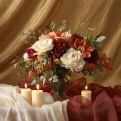 Elegant bouquet surrounded by creative props and candles indoor setting floral arrangement warm ambiance close-up view