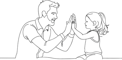 Man high-fiving with his little daughter in continuous line art drawing style