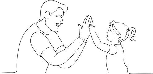 Man high-fiving with his little daughter in continuous line art drawing style