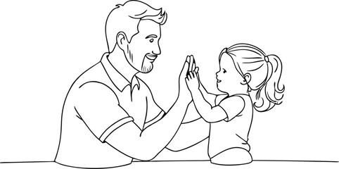 Man high-fiving with his little daughter in continuous line art drawing style