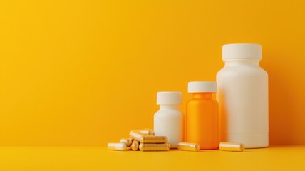 Exploring health supplements bottles on a vibrant yellow background product photography bright environment close-up view
