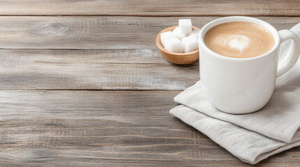 A steaming cup of coffee with sugar cubes sits on a rustic wooden table. The warm lighting creates a cozy atmosphere.