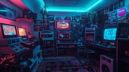 Numerous vintage computers and game consoles fill a retro gaming room bathed in neon light