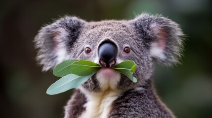 A koala with a leaf mustache strikes a funny pose