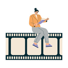Woman Sit on Tape with Clipboard at Shooting Film Movie Production Scene Vector Illustration
