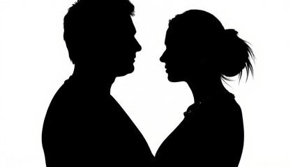 Silhouettes of a romantic couple facing each other, showcasing love and intimacy against a white background