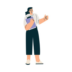 Woman Standing with Clipboard at Shooting Film Movie Production Scene Vector Illustration
