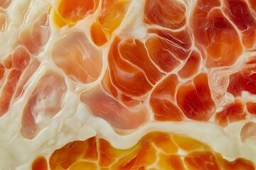 A close-up of the intricate marbling of premium jamon, focus on texture and detail.