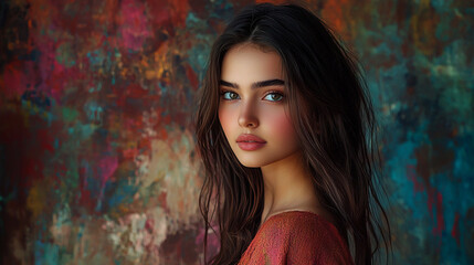 beatiful girl closeup an oil painting and palette knife on canvas and full detailed background