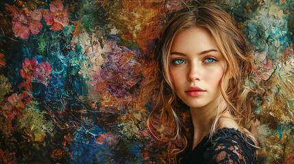 beatiful girl closeup an oil painting and palette knife on canvas and full detailed background