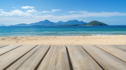 Fototapeta premium Serene Beachscape: Wooden Deck Overlooking Turquoise Waters and Majestic Mountains