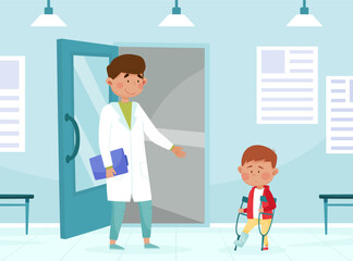 Sick Boy on Crutches at Doctor Appointment Feel Unwell and Unhealthy Vector Illustration